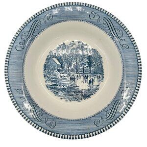 Currier and Ives Early Winter Royal Dinner Bowl 8 inch Blue White Underglaze USA